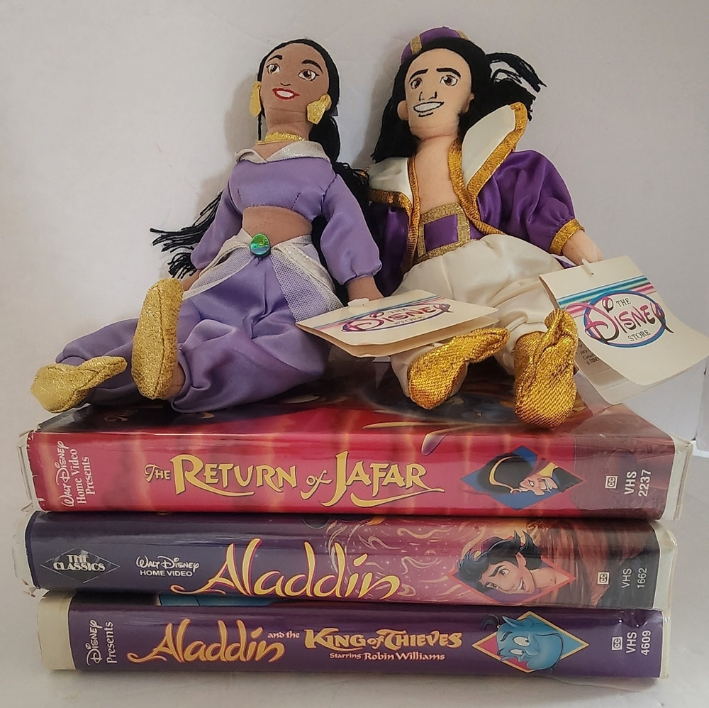 Disney Aladdin, Return Of Jafar, King Of Theives + Plush Dolls Bundle!!!